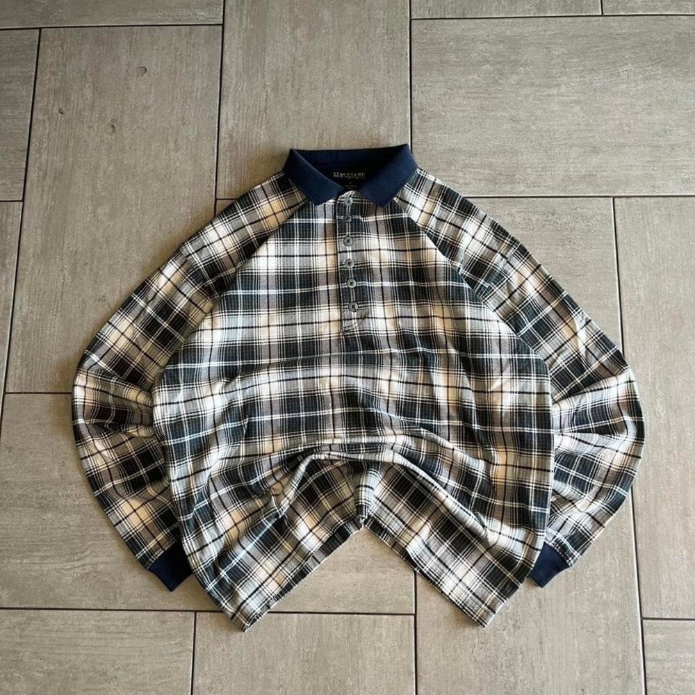Structure Mens Plaid Long Sleeve Polo Shirt Navy Blue Cream Cotton 24x28